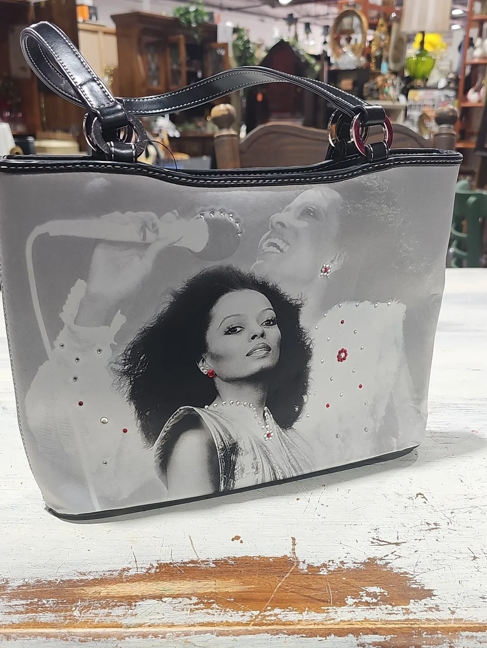 Black & Gray Diana Ross Portrait Graphic Tote Bag with Embellished Accents